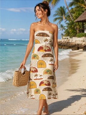 🌴 Paper Heart Strapless Tropical Linen Blend Midi Dress XS #7